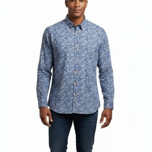 Au Noir Men’s Luxury Dress Shirt Blue Paisley Print Pinstripe Long Sleeve Size 7